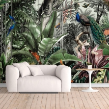 Papel pintado o fotomural selva tropical mariposa ave del paraiso