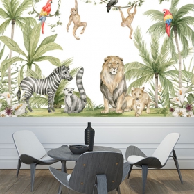 Fotomural o papel pintado de selva tropical animales estilo acuarela