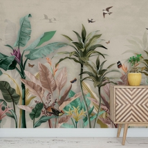 Papel pintado o fotomural plantas y aves tropical