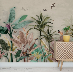 Papel pintado o fotomural plantas y aves tropical