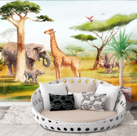 Fotomural o papel pintado acuarela paisaje safari jirafa