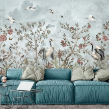 Fotomural o papel pintado dibujo vintage plantas flores y aves