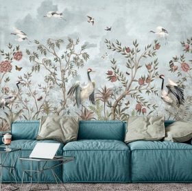 Fotomural o papel pintado dibujo vintage plantas flores y aves