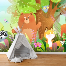 Papel pintado o fotomural dibujos animales bosque infantil