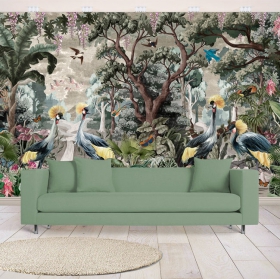 Fotomural o papel pintado dibujo vintage bosque flores y aves