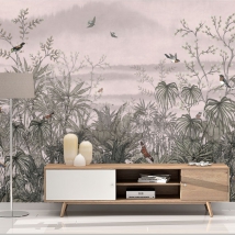 Fotomural o papel pintado paisaje dibujo flores y pájaros
