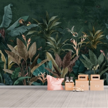 Papel pintado o fotomural paisaje plantas mariposas y aves