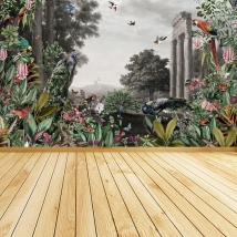 Fotomural o papel pintado ruinas con plantas y aves pavo real
