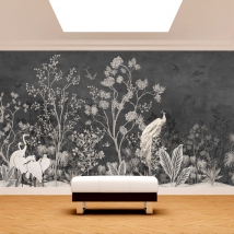 Fotomural o papel pintado dibujo clásico plantas y aves gris