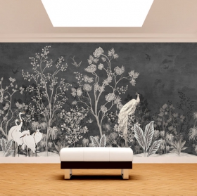 Fotomural o papel pintado dibujo clásico plantas y aves gris