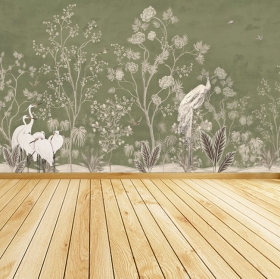 Papel pintado o fotomural vintage de plantas y aves
