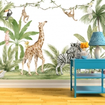 Papel pintado o fotomural paisaje tropical jirafa cebra tucán monos