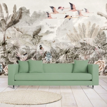 Papel pintado o fotomural paisaje vintage plantas y flamingos