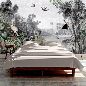 Papel pintado o fotomural paisaje lago flores y aves tropicales