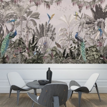 Papel pintado o fotomural paisaje plantas y aves tropicales
