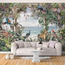 Papel pintado o fotomural dibujo clásico mar plantas y aves tropicales