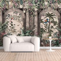 Papel pintado o fotomural palacete clásico con plantas y aves tropicales