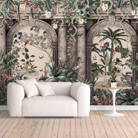 Papel pintado o fotomural palacete clásico con plantas y aves tropicales
