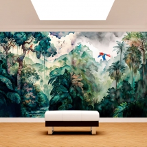 Papel pintado o fotomural acuarela selva tropical con guacamayos