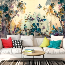 Papel pintado o fotomural dibujo colibrí y flores