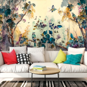 Papel pintado o fotomural dibujo colibrí y flores