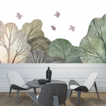Papel pintado o fotomural dibujo bosque pájaros