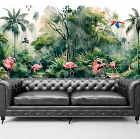 Papel pintado o fotomural acuarela selva flamingos guacamayos
