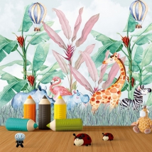 Papel pintado o fotomural dibujo infantil animales y globos