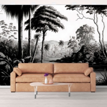 Fotomural o papel pintado paisaje selva lago blanco y negro