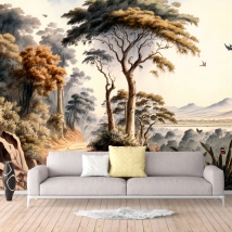 Fotomural o papel pintado dibujo paisaje bosque y montañas