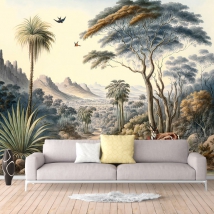 Fotomural o papel pintado dibujo paisaje aves bosque y montañas