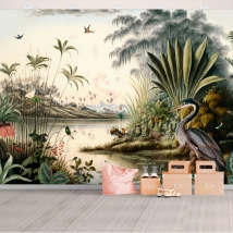 Fotomural o papel pintado dibujo lago montañas y aves