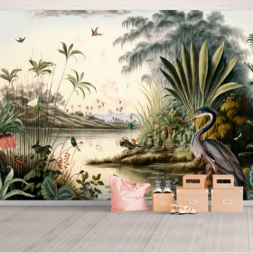 Fotomural o papel pintado dibujo lago montañas y aves