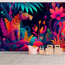 Fotomural o papel pintado ilustración selva jaguar neón