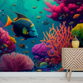 Papel pintado o fotomural ilustración peces y corales mar