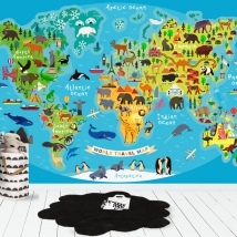 Papel pintado o fotomural mapa animales continentes infantil