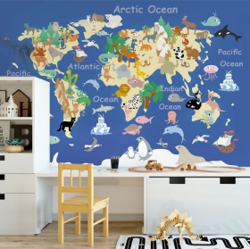 Papel pintado o fotomural mapa infantil con animales continentes