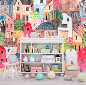 Papel pintado o fotomural ilustración acuarela infantil edificios