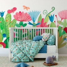 Fotomural o papel pintado dibujo acuarela flores y mariposas