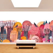 Fotomural o papel pintado dibujo árboles y pájaros acuarela