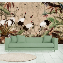 Papel pintado o fotomural dibujo paisaje bosque aves y mariposas