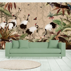 Papel pintado o fotomural dibujo paisaje bosque aves y mariposas