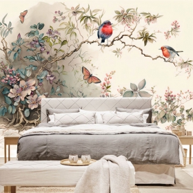 Murales de vinilos pájaros y rama de árbol acuarela