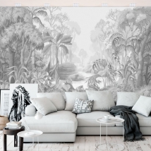 Fotomurales ilustración selva tropical blanco y negro