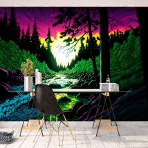 Fotomural o papel pintado ilustración bosque pinos colorido