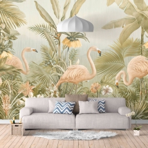 Papel pintado o fotomural ilustración selva tropical y flamingos vintage