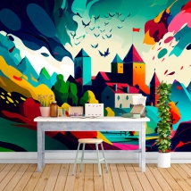 Papel pintado o fotomural ilustración moderna castillo y montañas