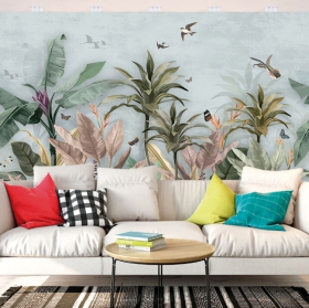 Papel pintado o fotomural paisaje tropical flores aves y mariposas