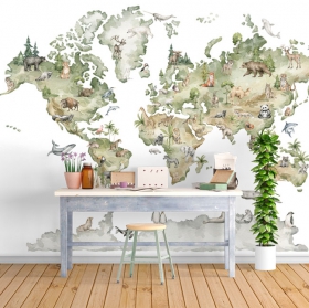 Fotomural o papel pintado mapamundi ilustración animales