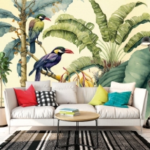 Fotomural o papel pintado plantas frutos aves tropicales estilo acuarela
